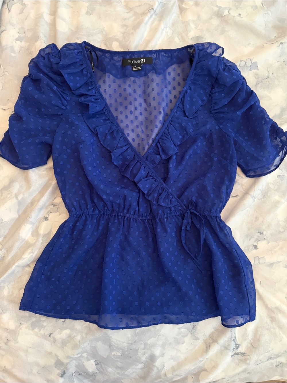 Forever 21 Cobalt Blue Ruffle Wrap Peplum Blouse